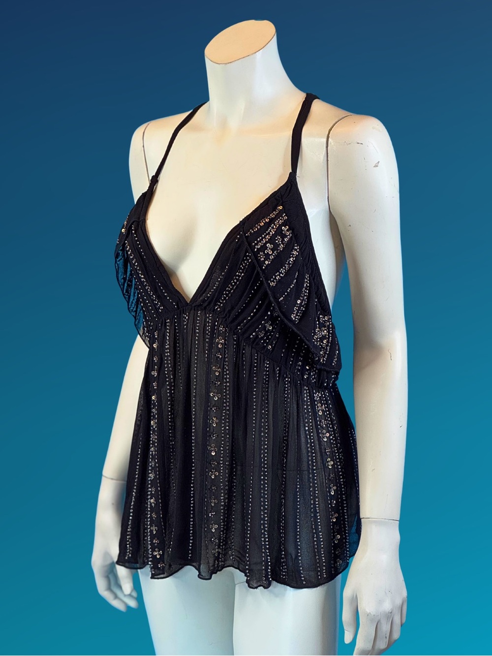 FREE PEOPLE Born to Shine Black Beaded Plunge Neck Cami Tank M